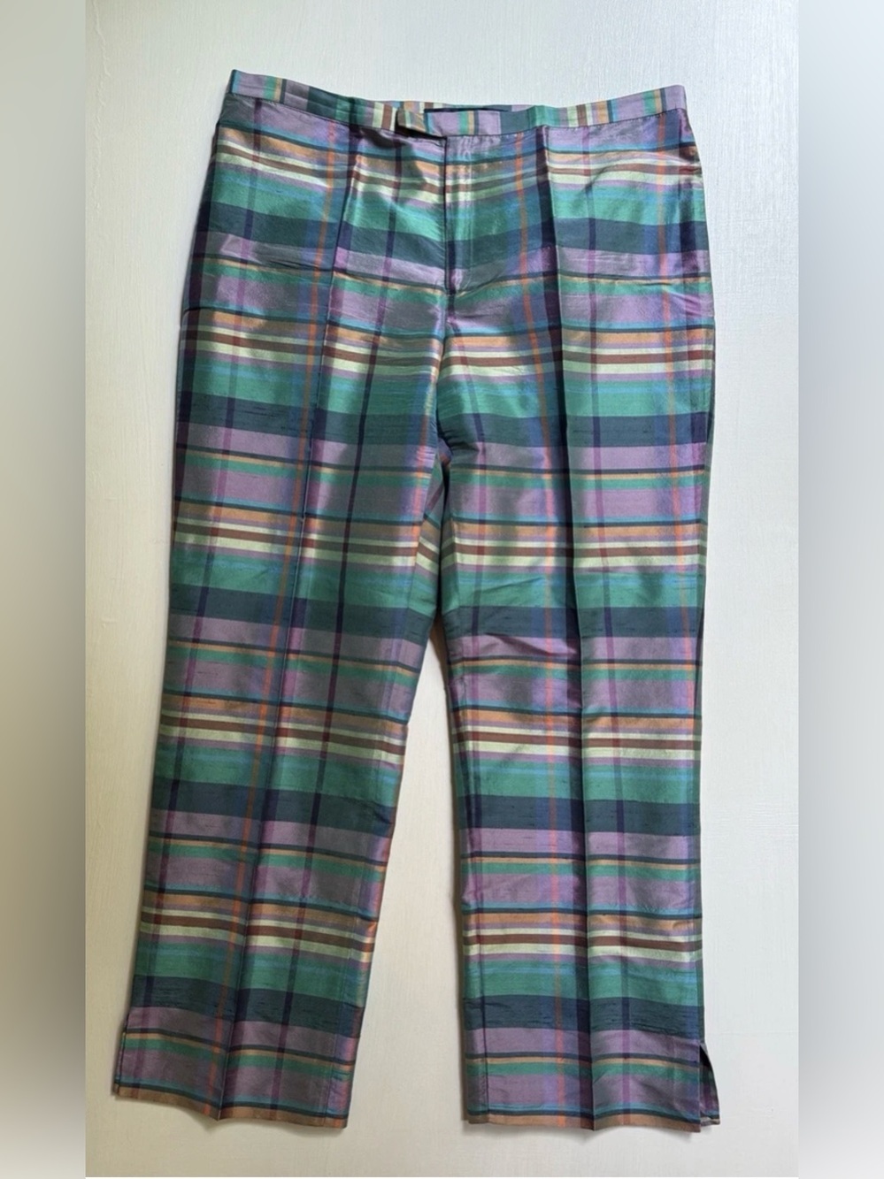 RALPH LAUREN SPORT 100% Silk Iridescent Plaid Picnic Pants Sz 12 Tennis Prep